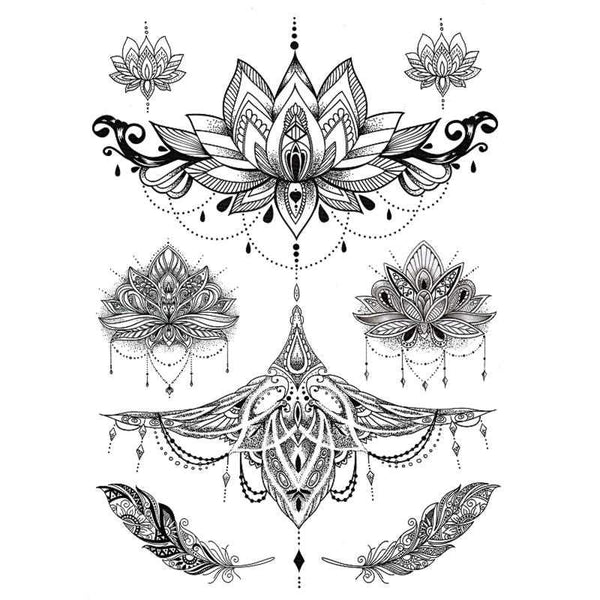 Woman temporary tattoo - Underboobs pack and feathers - Skindesigned